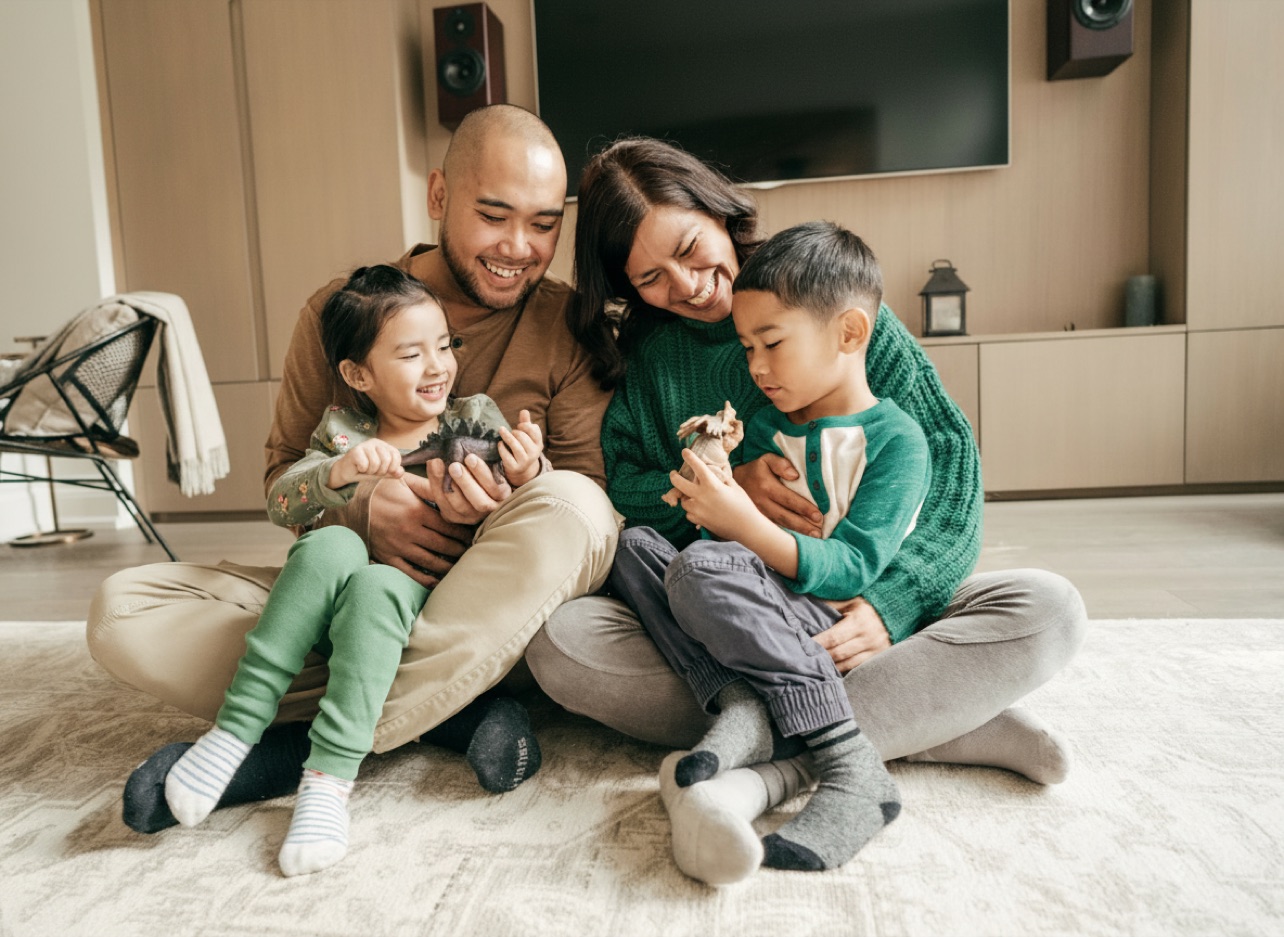 A family sitting together on the floor at home
