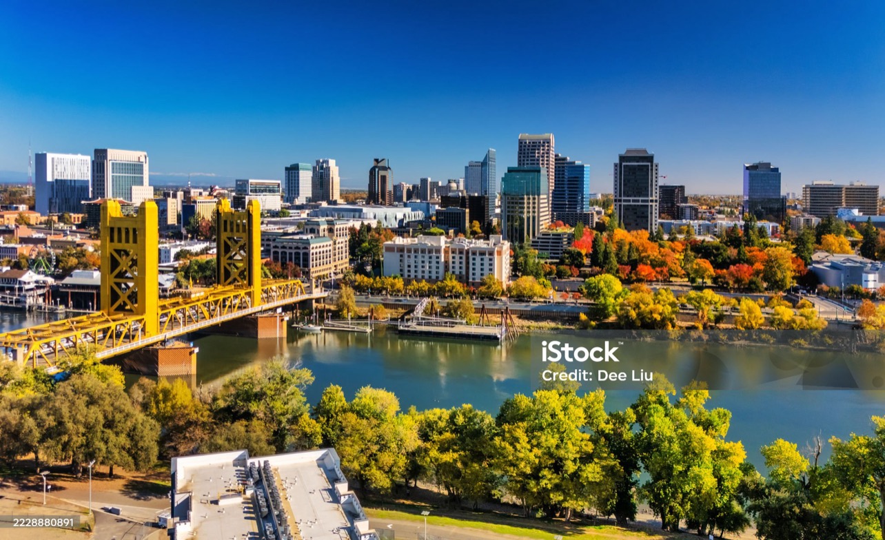 Sacramento skyline and Tower Bridge on the Sacramento River